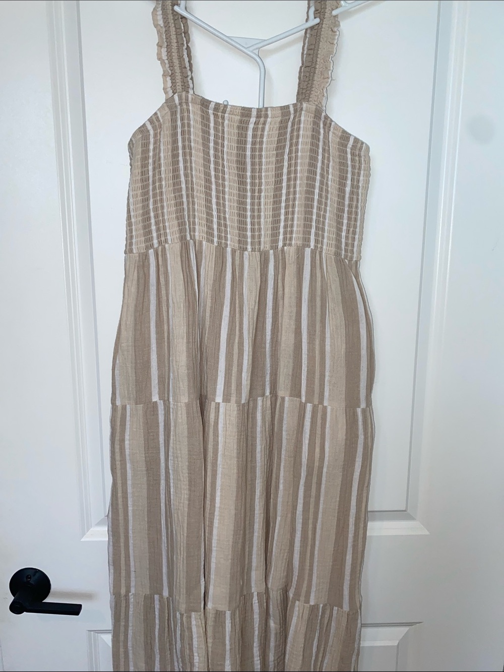 Beige & White Striped Tiered Maxi Dress with Ruffle Straps